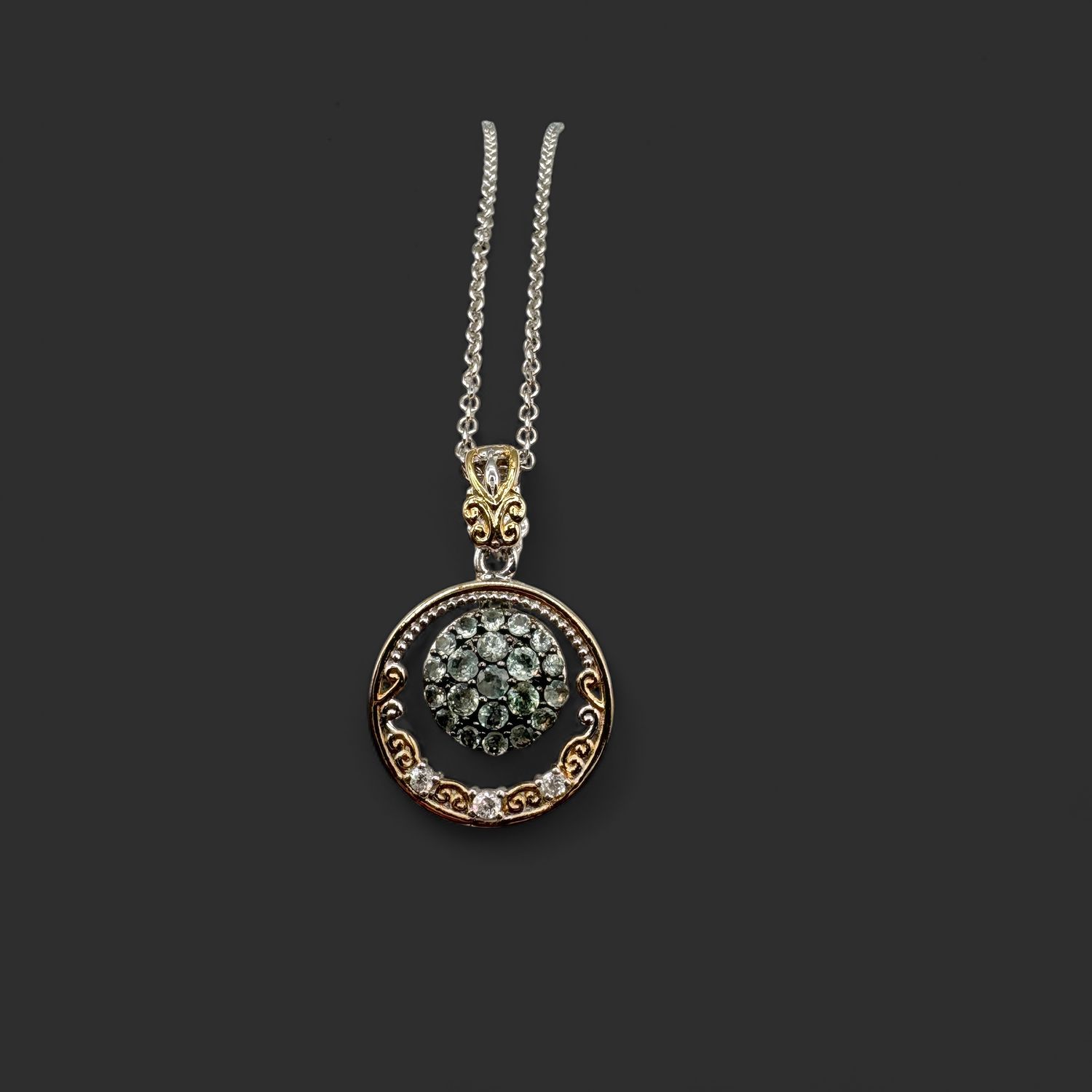 STERLING TWO TONE GREEN CZ DANGLE PENDANT NECKLACE 18"