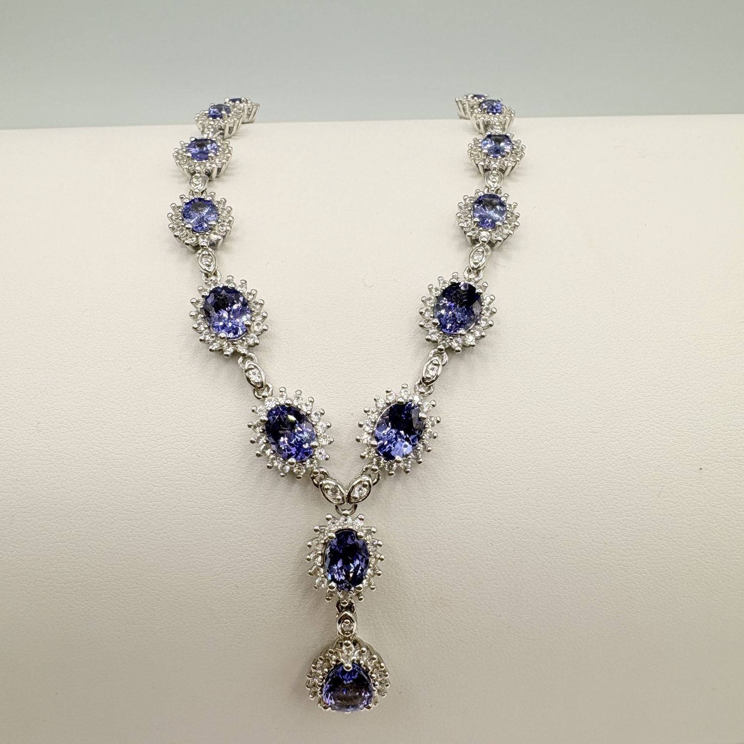 STERLING TANZANITE &amp; CRYSTAL DANGLE NECKLACE 18"
