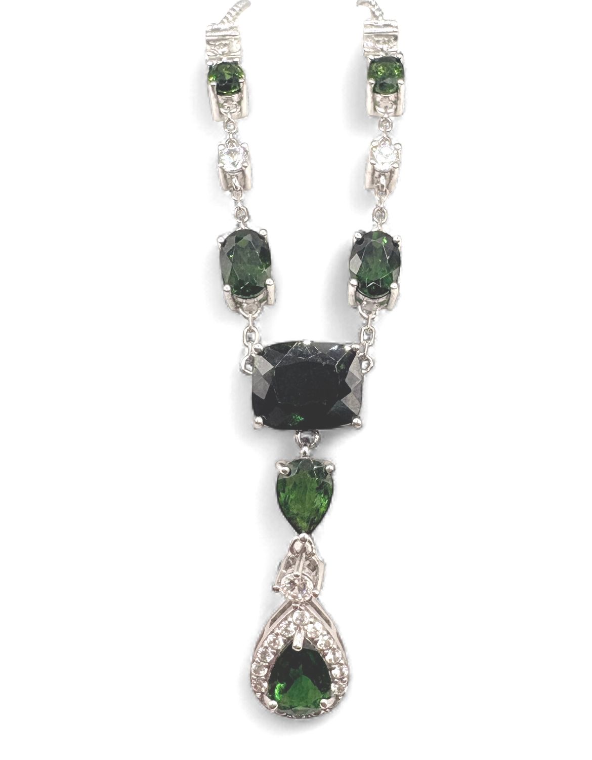STERLING GREEN &amp; CZ CRYSTAL NECKLACE 18"