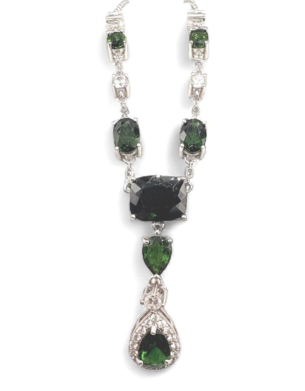 STERLING GREEN &amp; CZ CRYSTAL NECKLACE 18"
