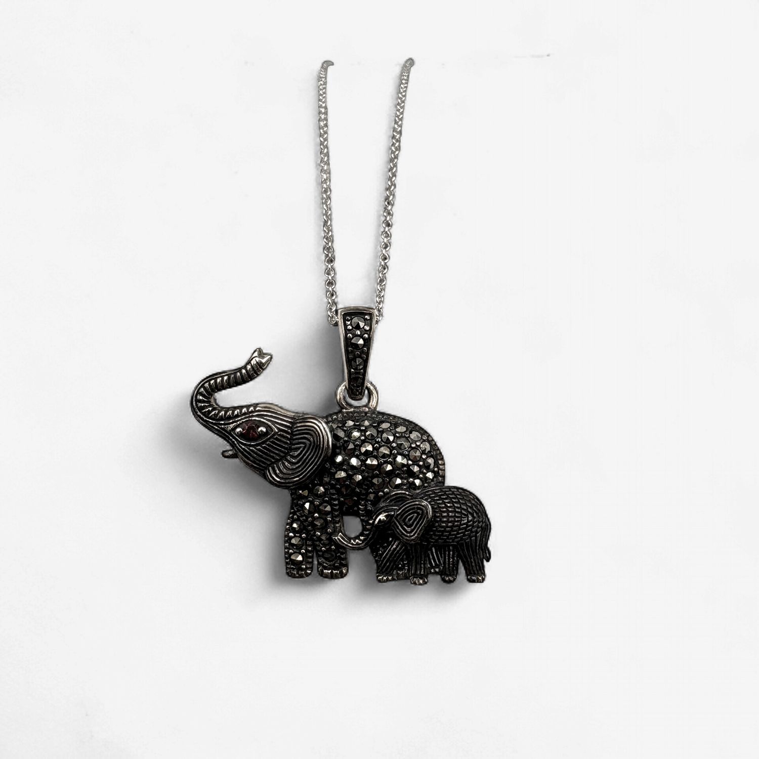 STERLING MARCASITE &amp; RUBY MOM &amp; ELEPHANT PENDANT WITH CHAIN 18"