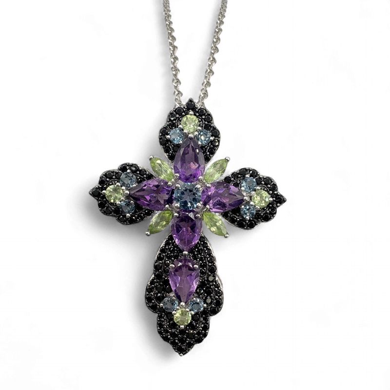 STERLING MUTLI STONE CROSS WITH CHAIN 24"