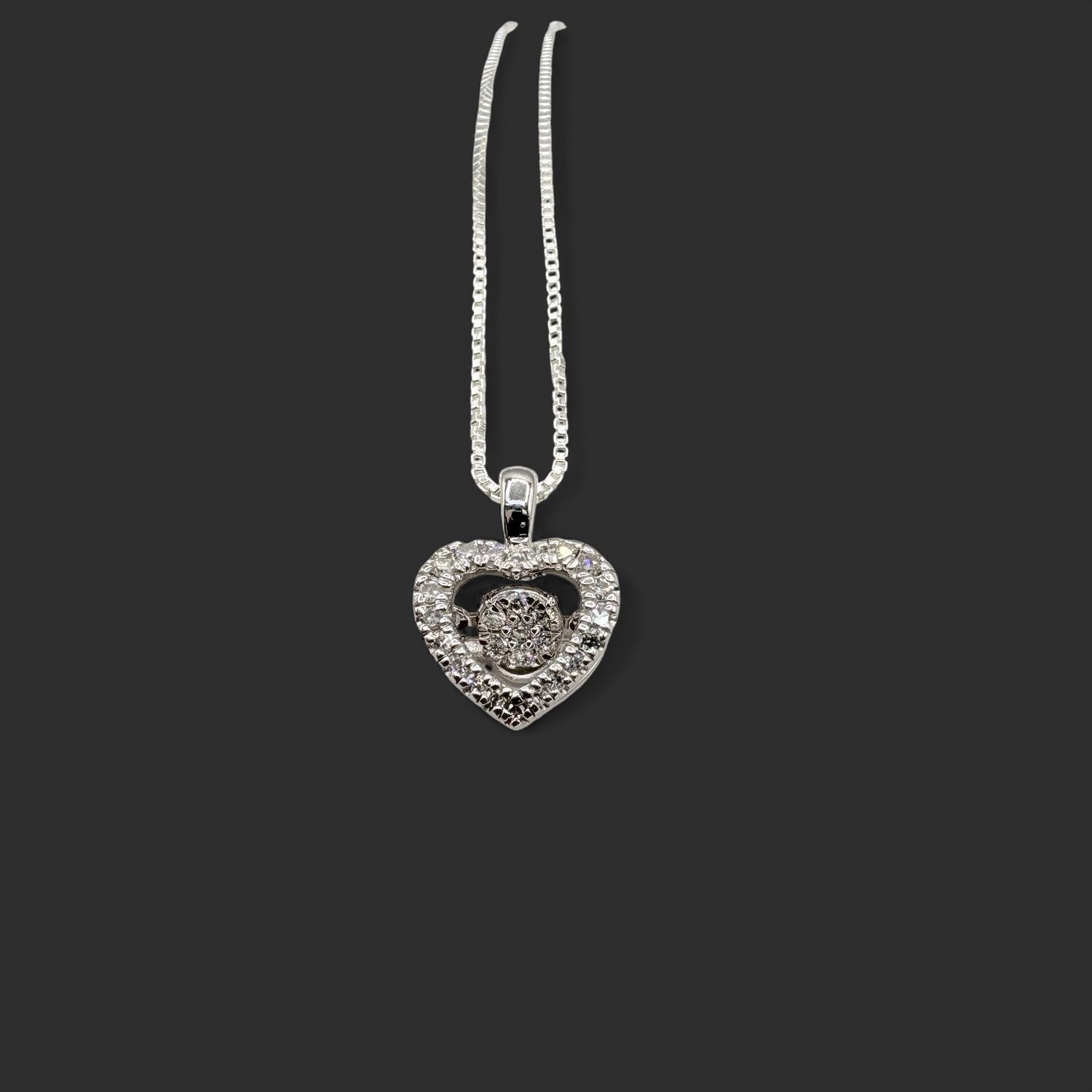 STERLING DIAMOND HEART WITH DANCING DIAMOND NECKLACE 18"