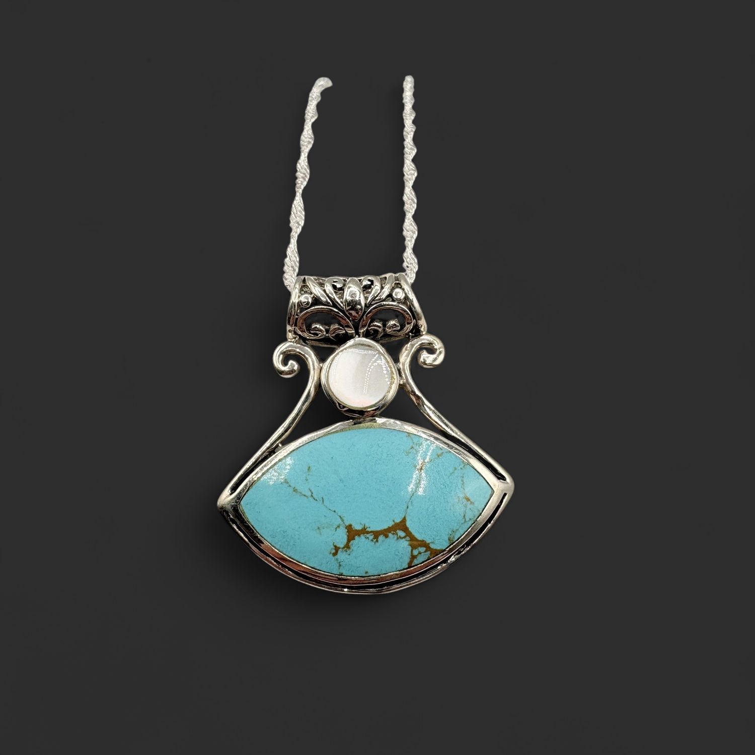 STERLING TURQUOISE WITH MOTHER OF PEARL PENDANT AND CHAIN 18"