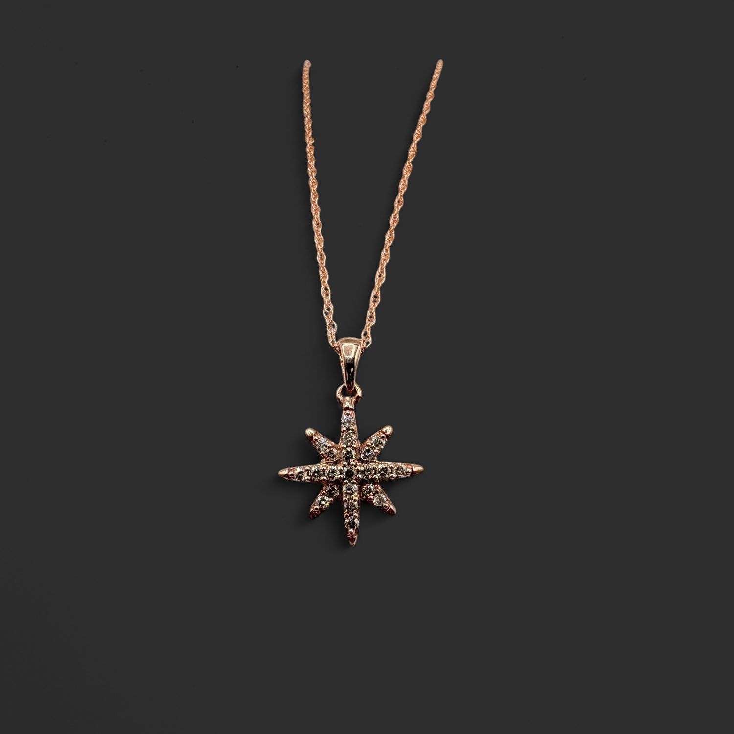 10K ROSE GOLD APPROX .40CT  DIAMOND STAR BURST PENDANT AND CHAIN 18"