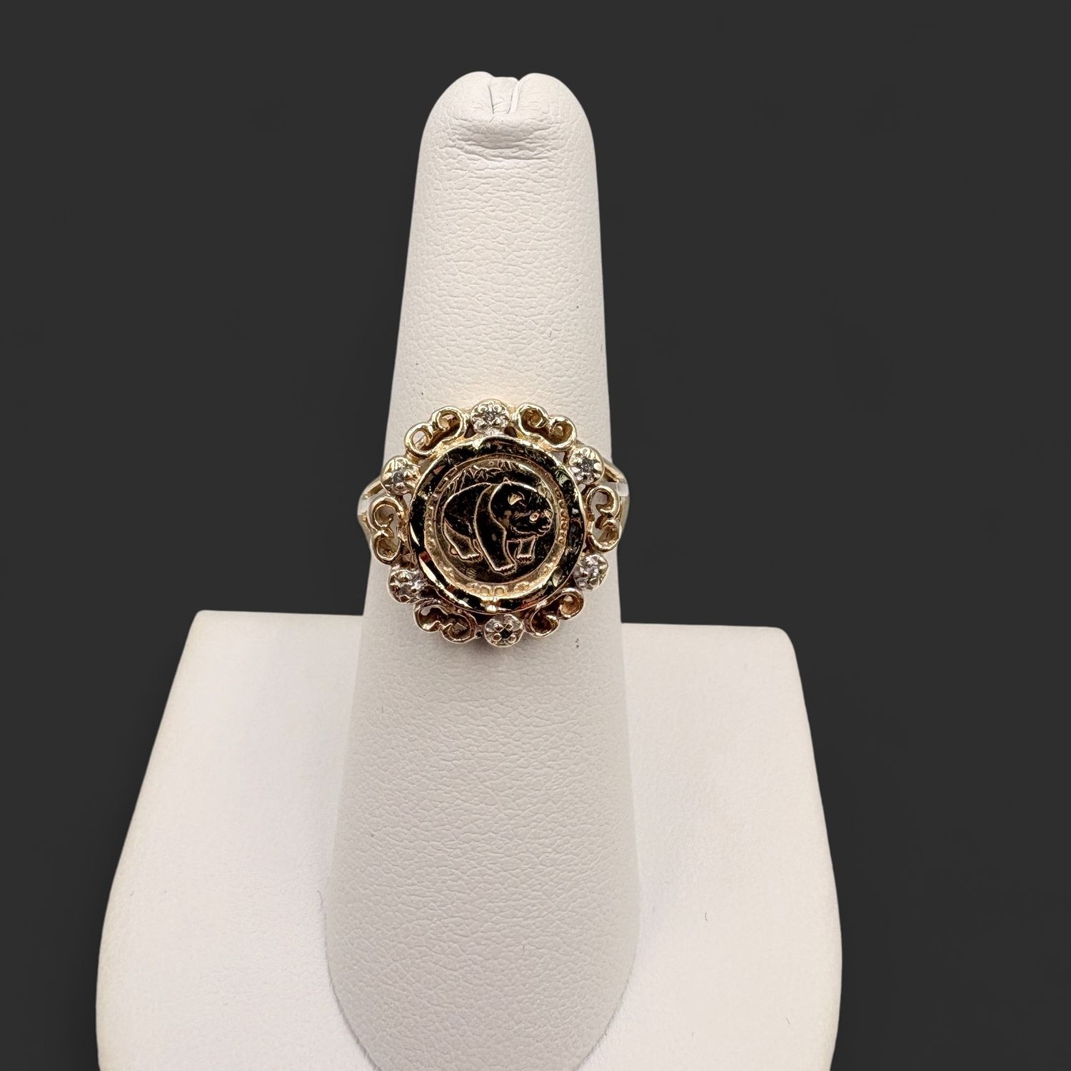 10K YELLOW GOLD PANDA COIN REPLICA WITH DIAMOND RING SIZE 6.75