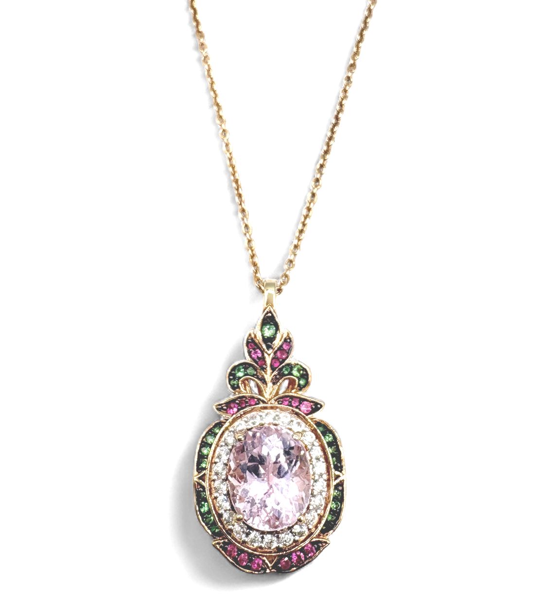 STERLING GOLD PLATED MORGANITE &amp; MUTI STONE PENDANT WITH CHAIN 20+3"