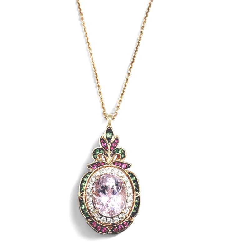 STERLING GOLD PLATED MORGANITE &amp; MUTI STONE PENDANT WITH CHAIN 20+3"