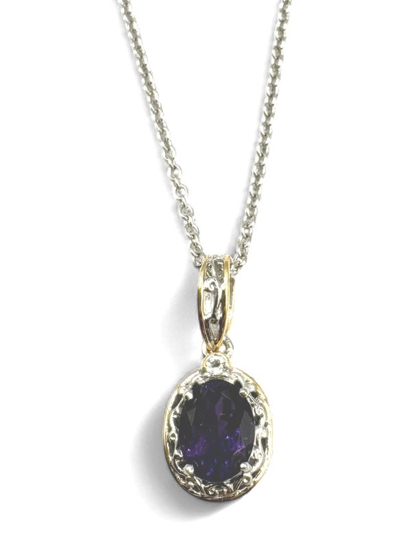 STERLING TWO TONE AMETHYST &amp; CZ PENDANT WITH CHAIN 18"