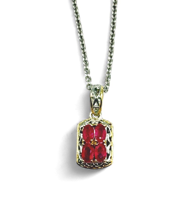 STERLING TWO TONE RUBY PENDANT WITH CHAIN 18"