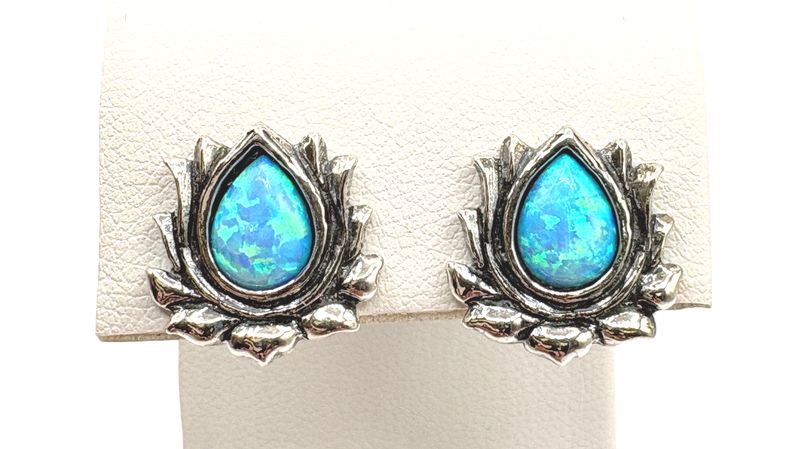 STERLING CREATED BLUE LOTUS OPAL EARRING