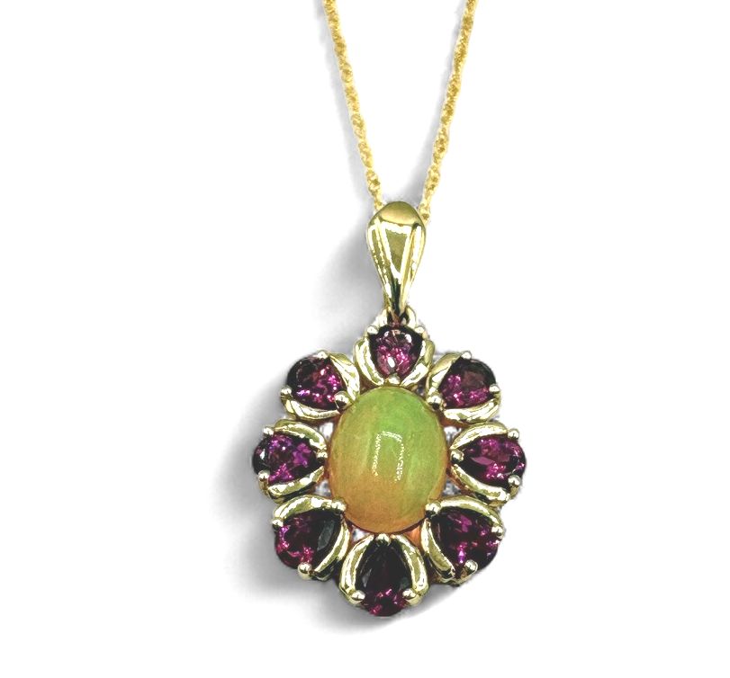 10K OPAL &amp; TOURMALINE PENDANT WITH CHAIN 18" IN YELLOW GOLD
