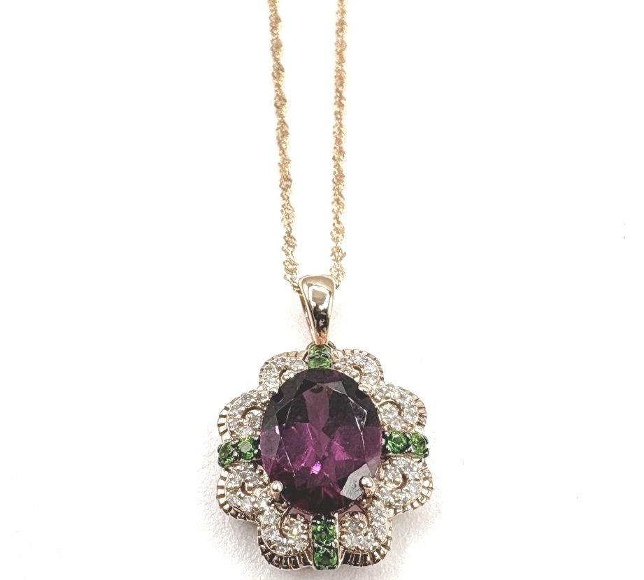 14K ROSE GOLD RHODOLITE GARNET, SAVORITE, &amp; DIAMOND PENDANT WITH CHAIN 18"