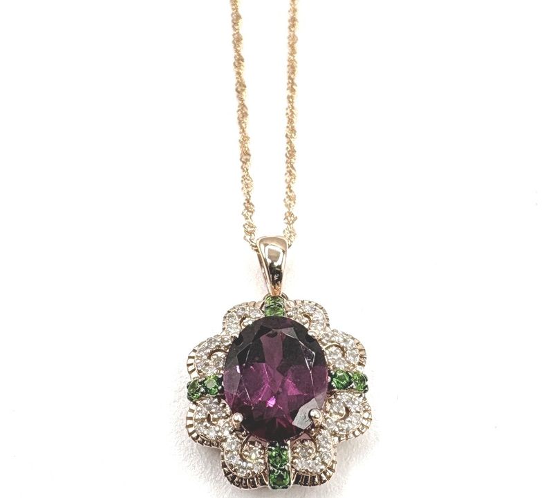 14K ROSE GOLD RHODOLITE GARNET, SAVORITE, &amp; DIAMOND PENDANT WITH CHAIN 18"