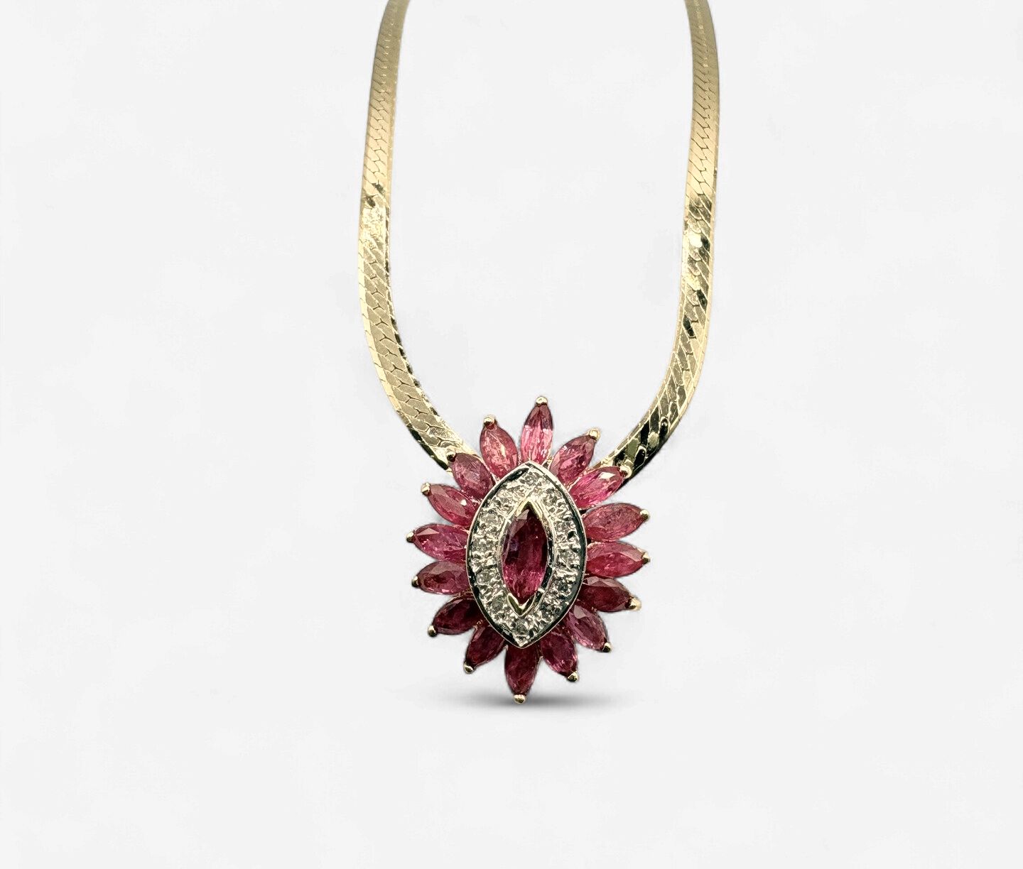 14KY RUBY &amp; DIAMOND HERRINGBONE NECKLACE 16"