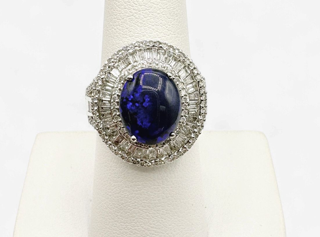 14KW BLACK OPAL &amp; DIAMOND BAGUETTE HALO RING SIZE 7
