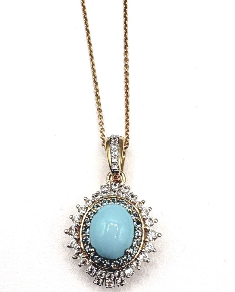 STERLING GOLD PLATED TURQUOISE &amp; CZ PENDANT WITH CHAIN 18"