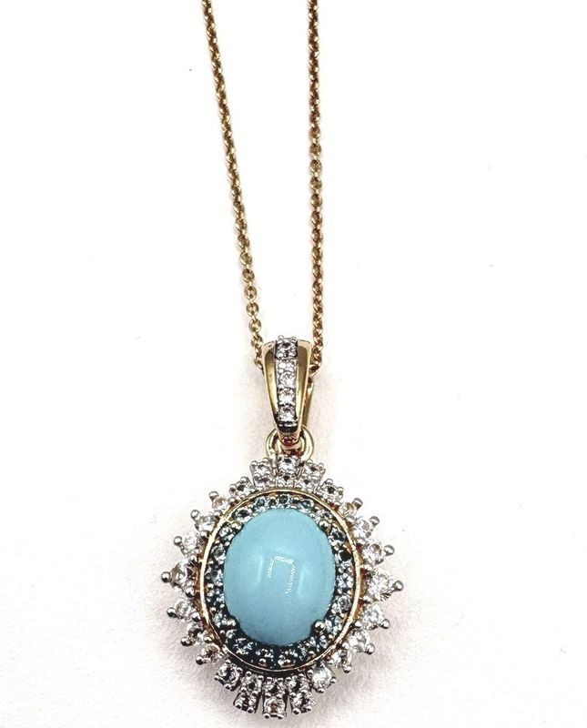 STERLING GOLD PLATED TURQUOISE &amp; CZ PENDANT WITH CHAIN 18"