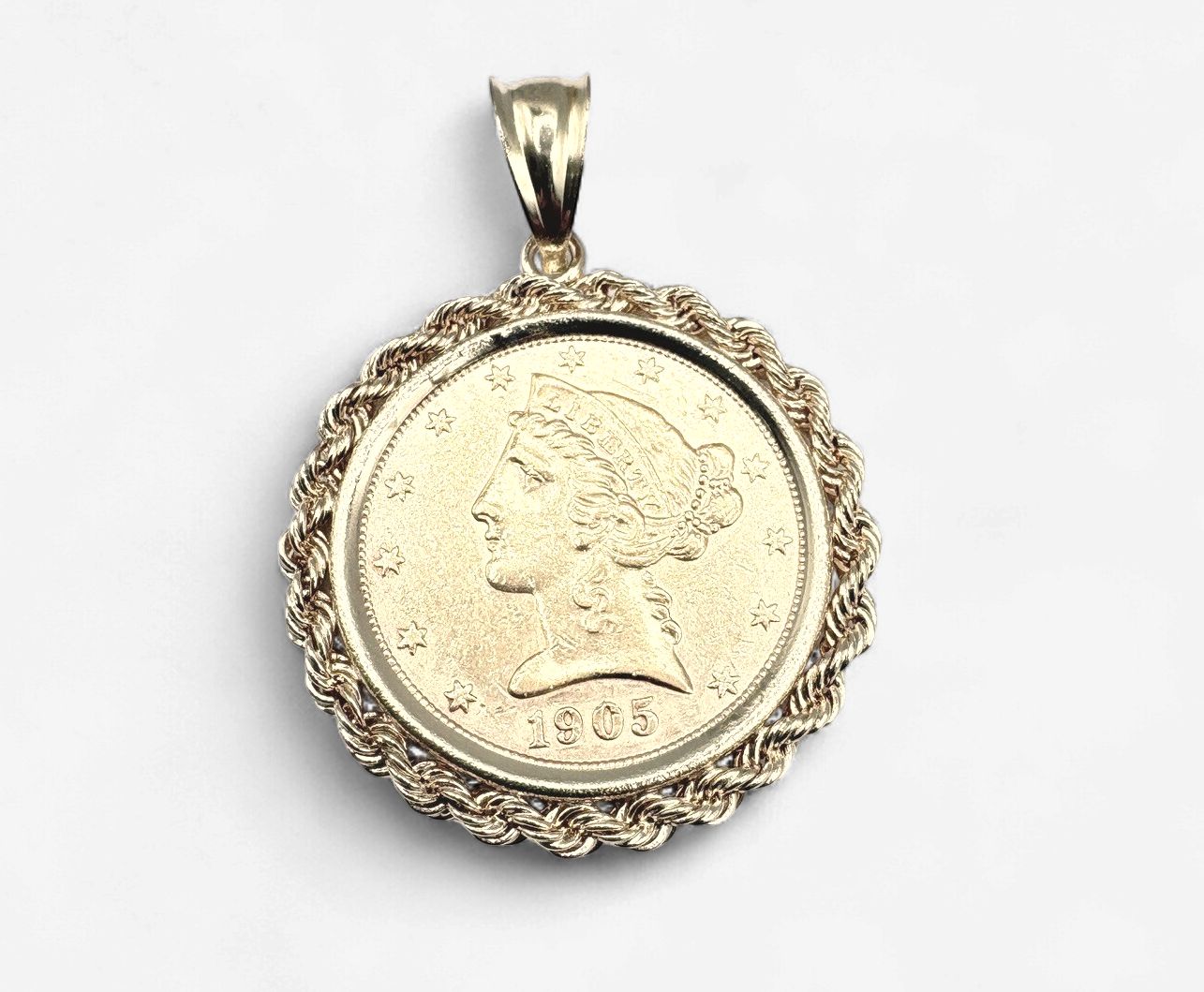 14KY 1/4 OZ BEZEL TWISTED ROPE  LIBERTY COIN PENDANT