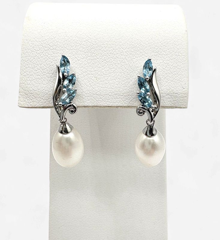 STERLING BLUE TOPAZ &amp; PEARL DANGLE EARRING
