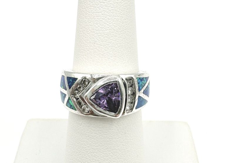 STERLING OPAL INLAY WITH AMETHYST RING SIZE 5.75