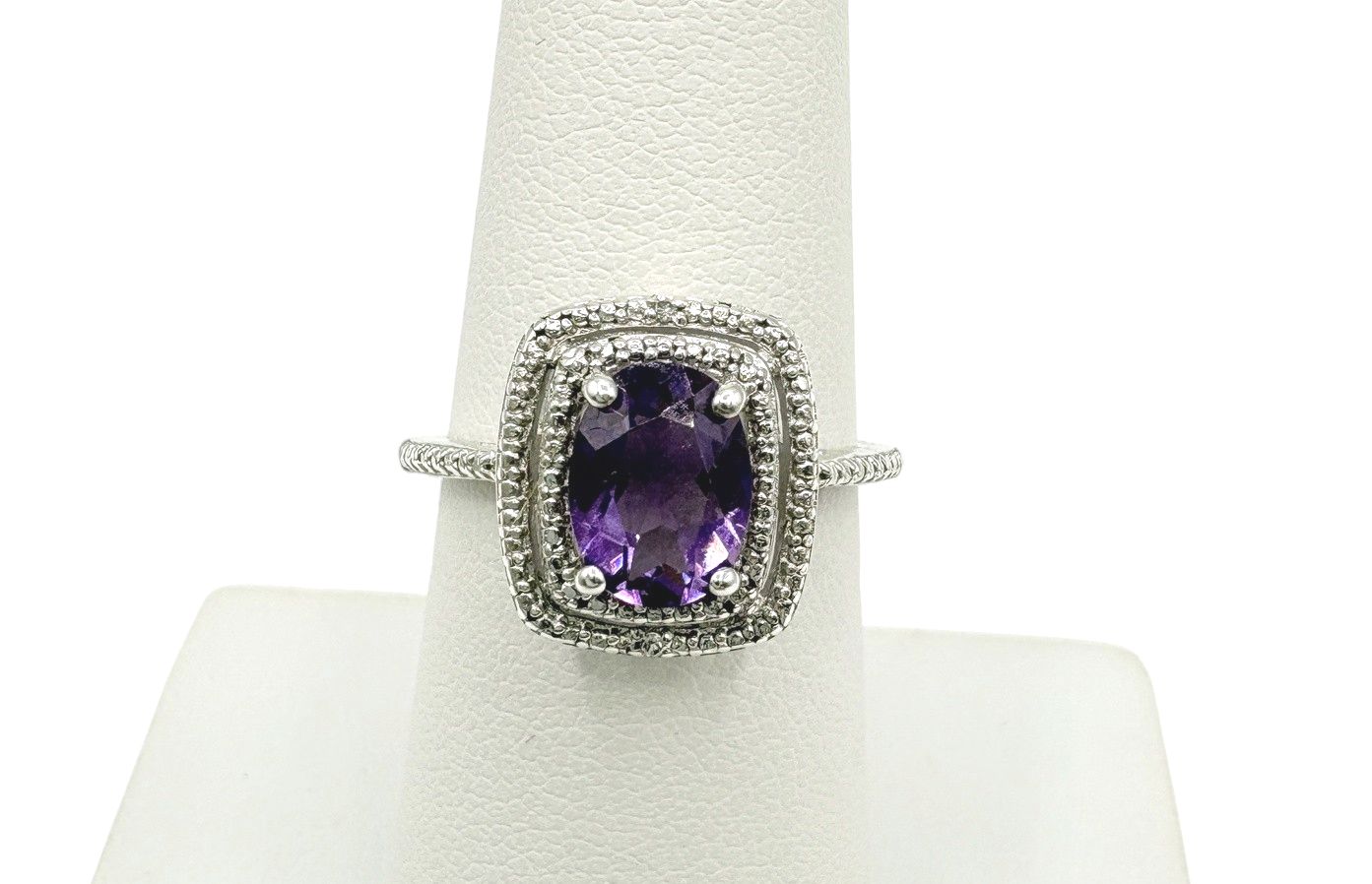 STERLING AMETHYST &amp; DIAMOND HALO RING SIZE 6