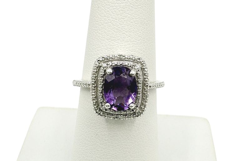 STERLING AMETHYST &amp; DIAMOND HALO RING SIZE 6