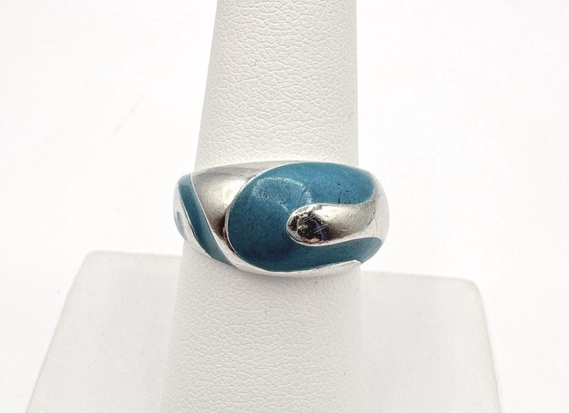 STERLING TEAL ENAMEL DOME RING SIZE 7