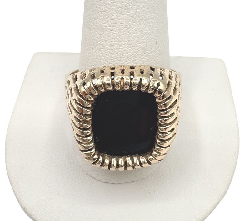 10KY MEN'S ONYX RING WITH PERFORATED BAND SIZE 14
