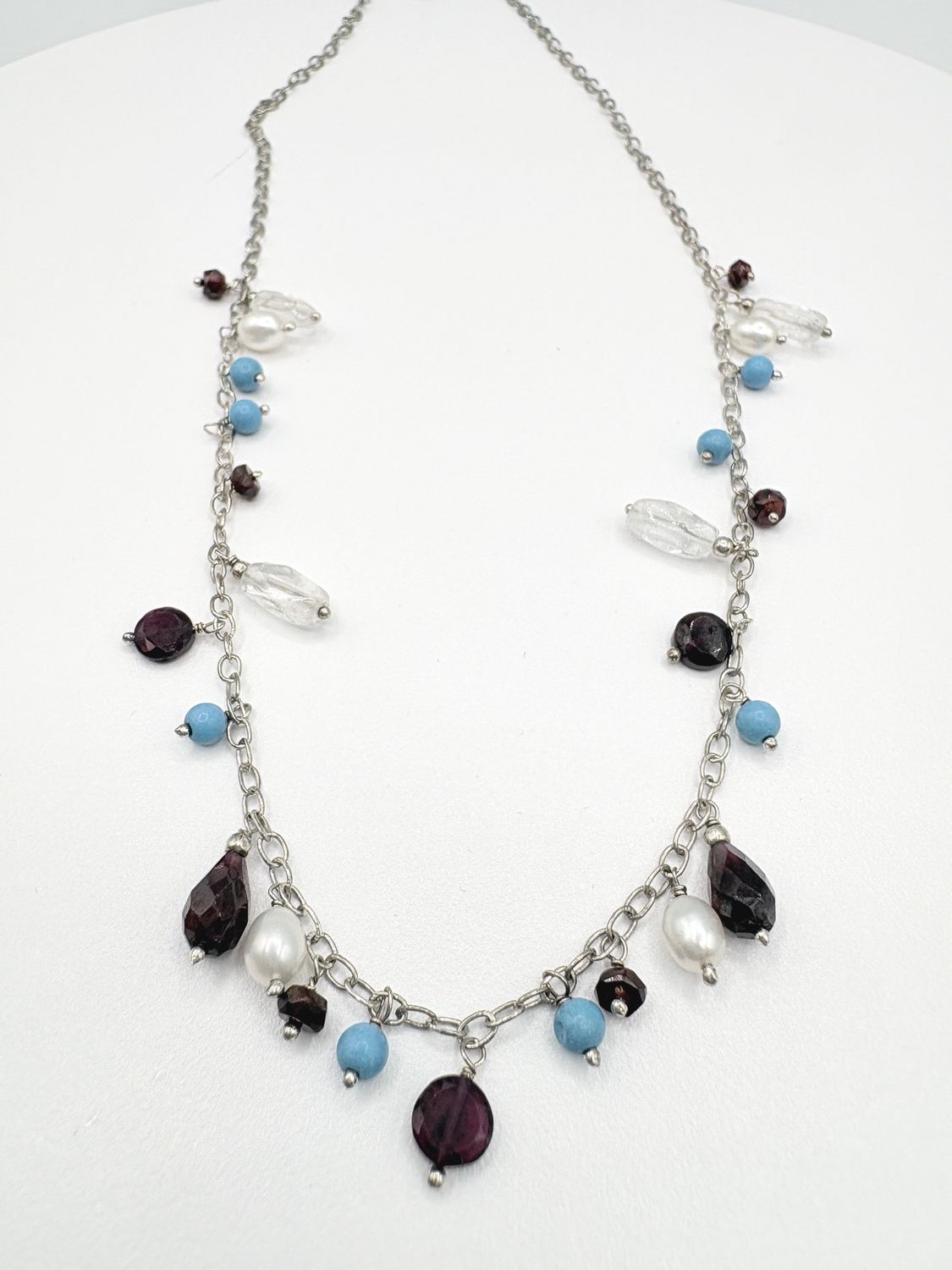 STERLING GARNET, PEARL, &amp; CRYSTAL DANGLE NECKLACE 18"