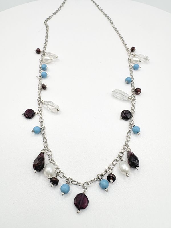 STERLING GARNET, PEARL, &amp; CRYSTAL DANGLE NECKLACE 18"