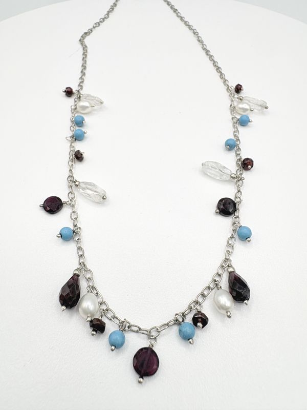 STERLING GARNET, PEARL, &amp; CRYSTAL DANGLE NECKLACE 18"