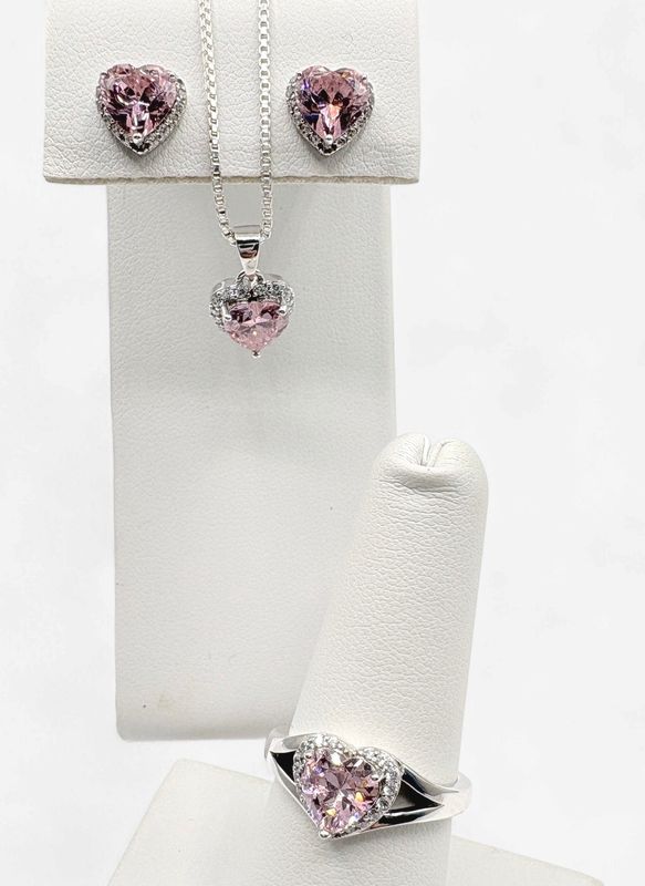 STERLING PINK HEART CZ EARRING, PENDANT, &amp; RING SET