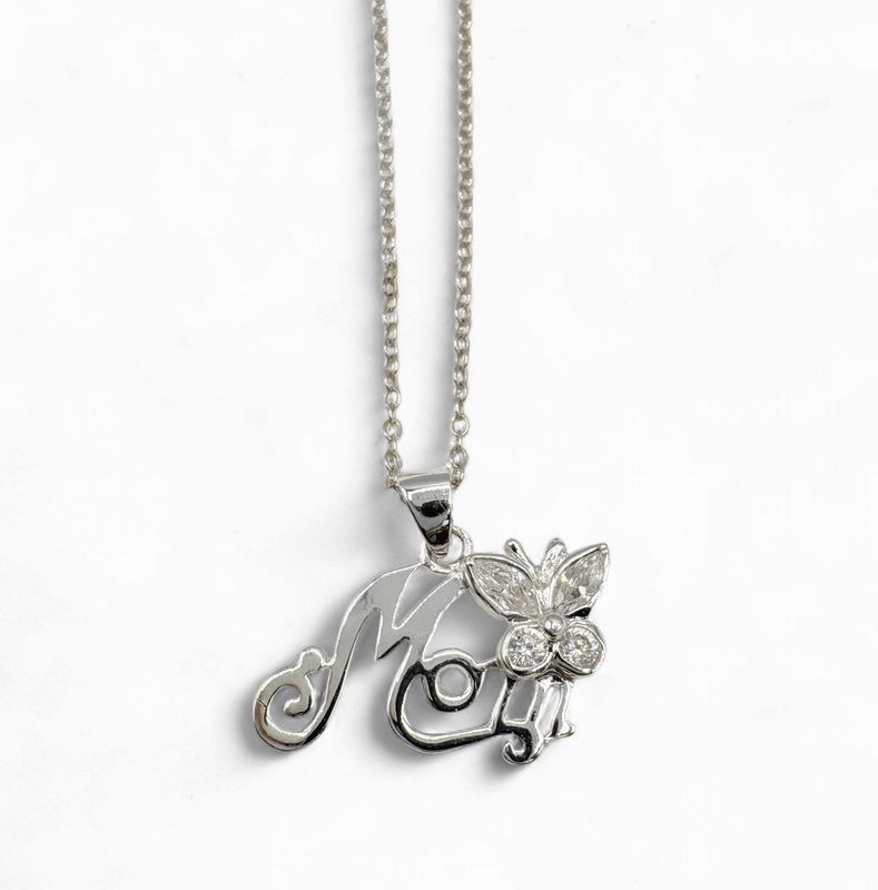 STERLING "MOM" CZ BUTTERFLY PENDANT WITH CHAIN 18"