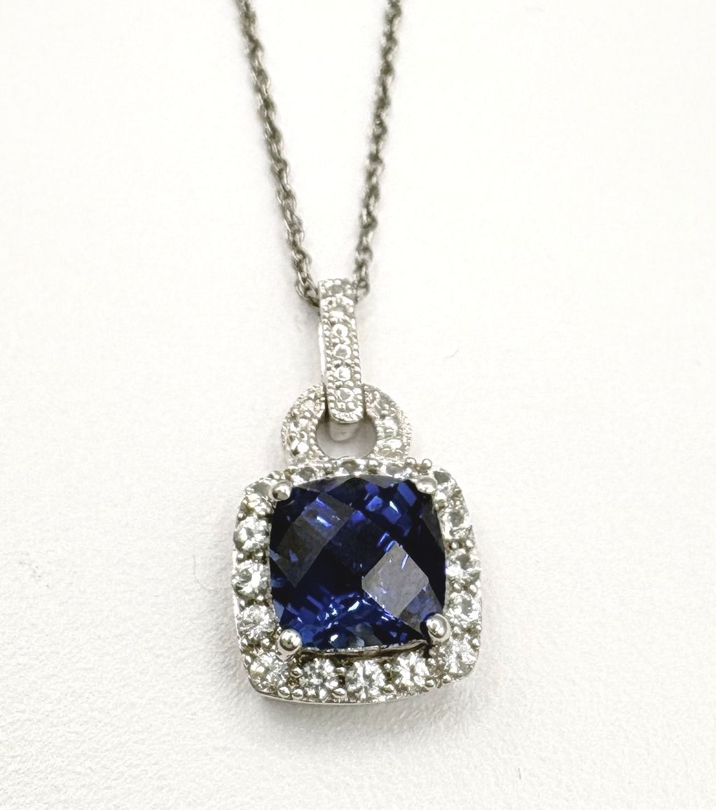 STERLING BLUE STONE WITH CZ HALO PENDANT WITH CHAIN 18"