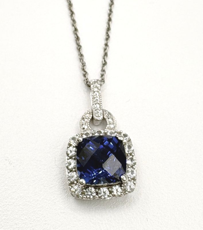 STERLING BLUE STONE WITH CZ HALO PENDANT WITH CHAIN 18"