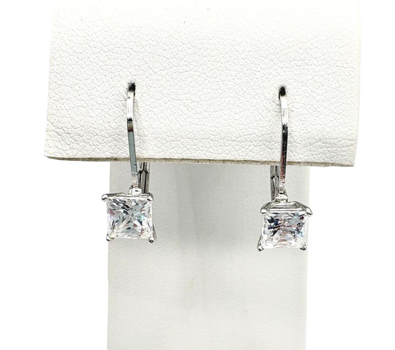 STERLING PRINCESS CUT CZ LEVERBACK EARRING