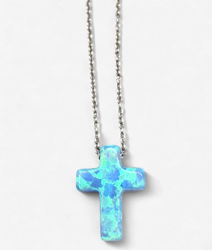 STERLING CREATED OPAL CROSS ON CHAIN 16"