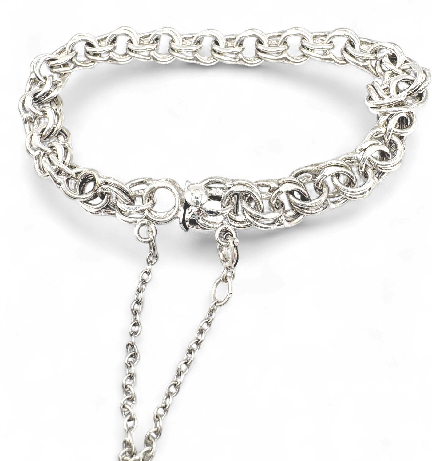 STERLING DOUBLE LINK CHARM BRACELET 8" WITH SAFETY CHAIN