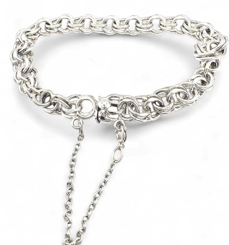 STERLING DOUBLE LINK CHARM BRACELET 8" WITH SAFETY CHAIN