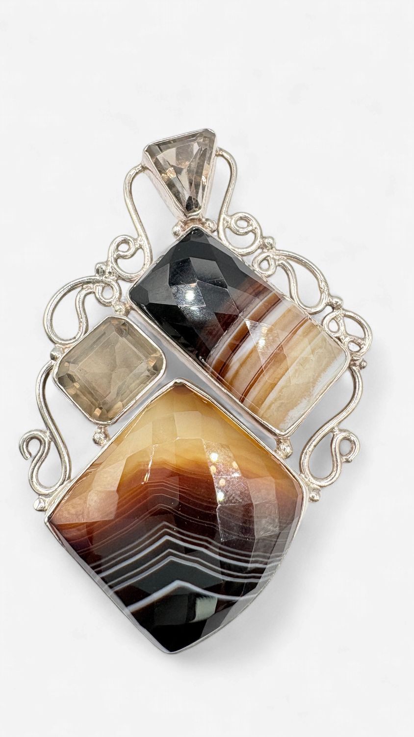 STERLING  SMOKEY QUARTZ &amp; AGATE PENDANT