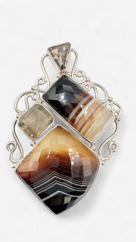 STERLING  SMOKEY QUARTZ &amp; AGATE PENDANT