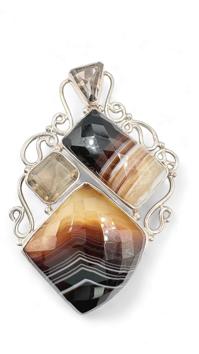 STERLING  SMOKEY QUARTZ &amp; AGATE PENDANT