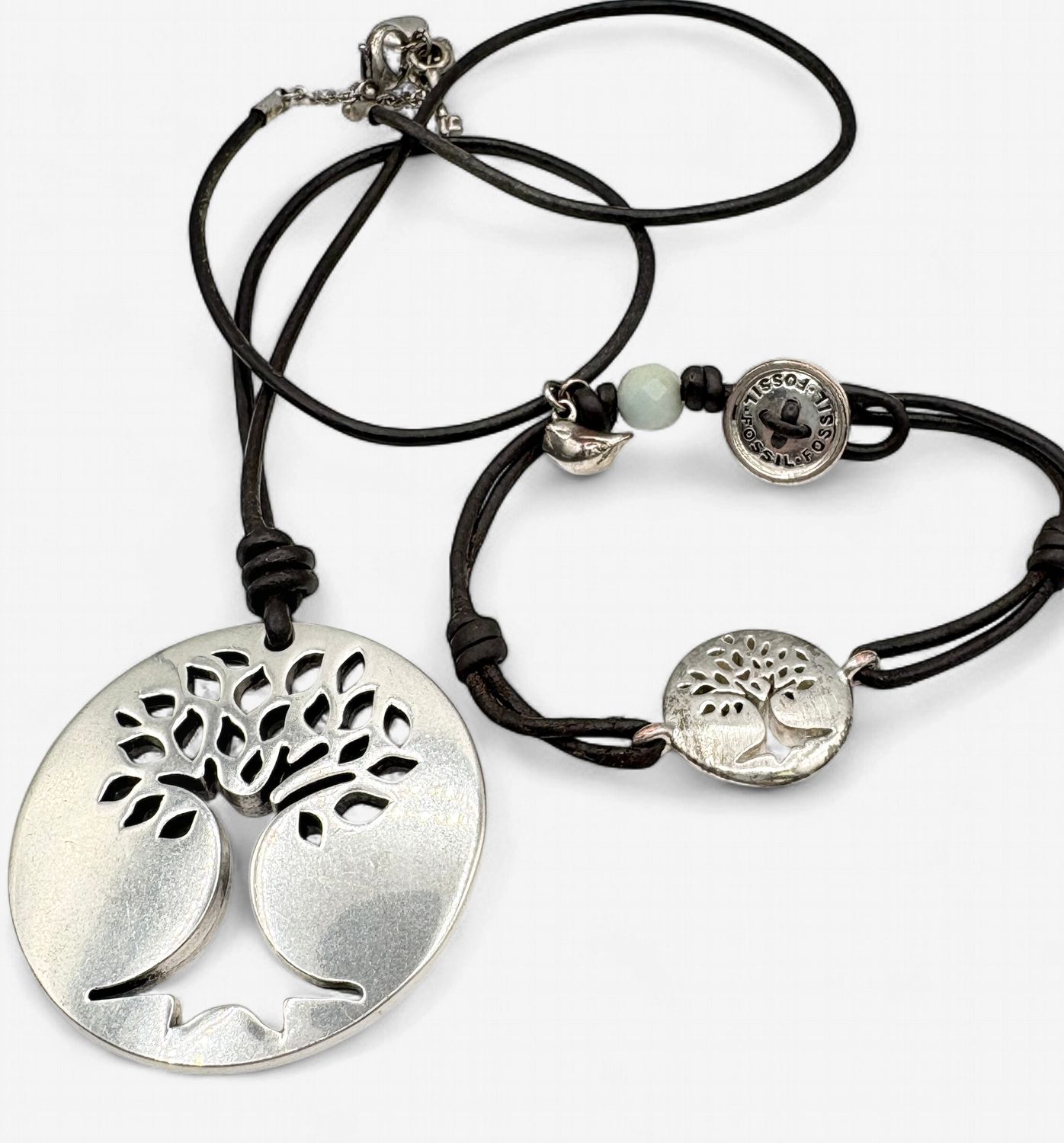 FOSSIL LEATHER &amp; SILVER TONE TREE OF LIFE NECKLACE &amp; BRACELET