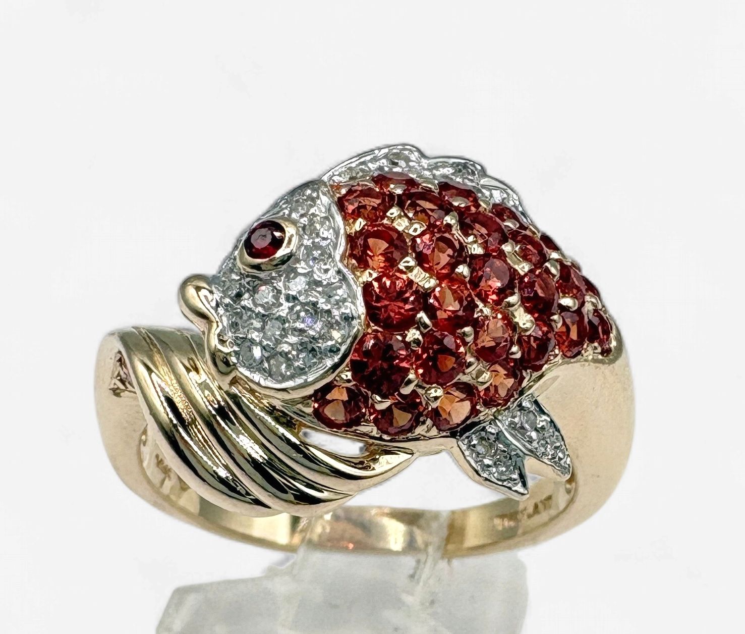 14KY ORANGE SAPPHIRE &amp; DIAMOND GOLDFISH RING SIZE 8