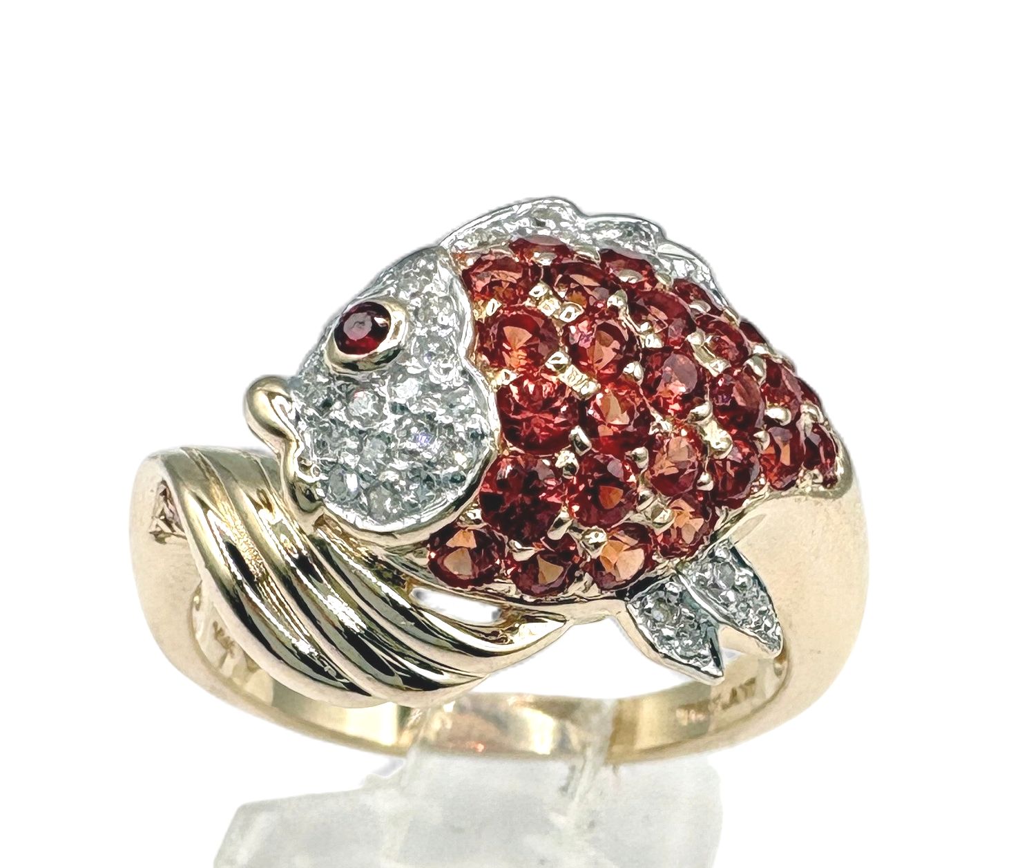 14KY ORANGE SAPPHIRE &amp; DIAMOND GOLDFISH RING SIZE 8