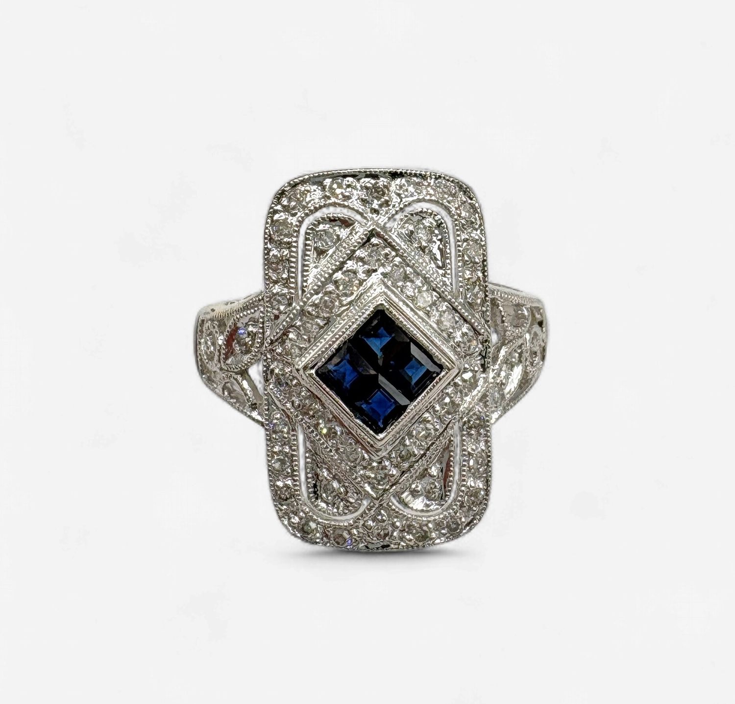 14KW ART DECO DIAMOND &amp; SAPPHIRE RING SIZE 8.25