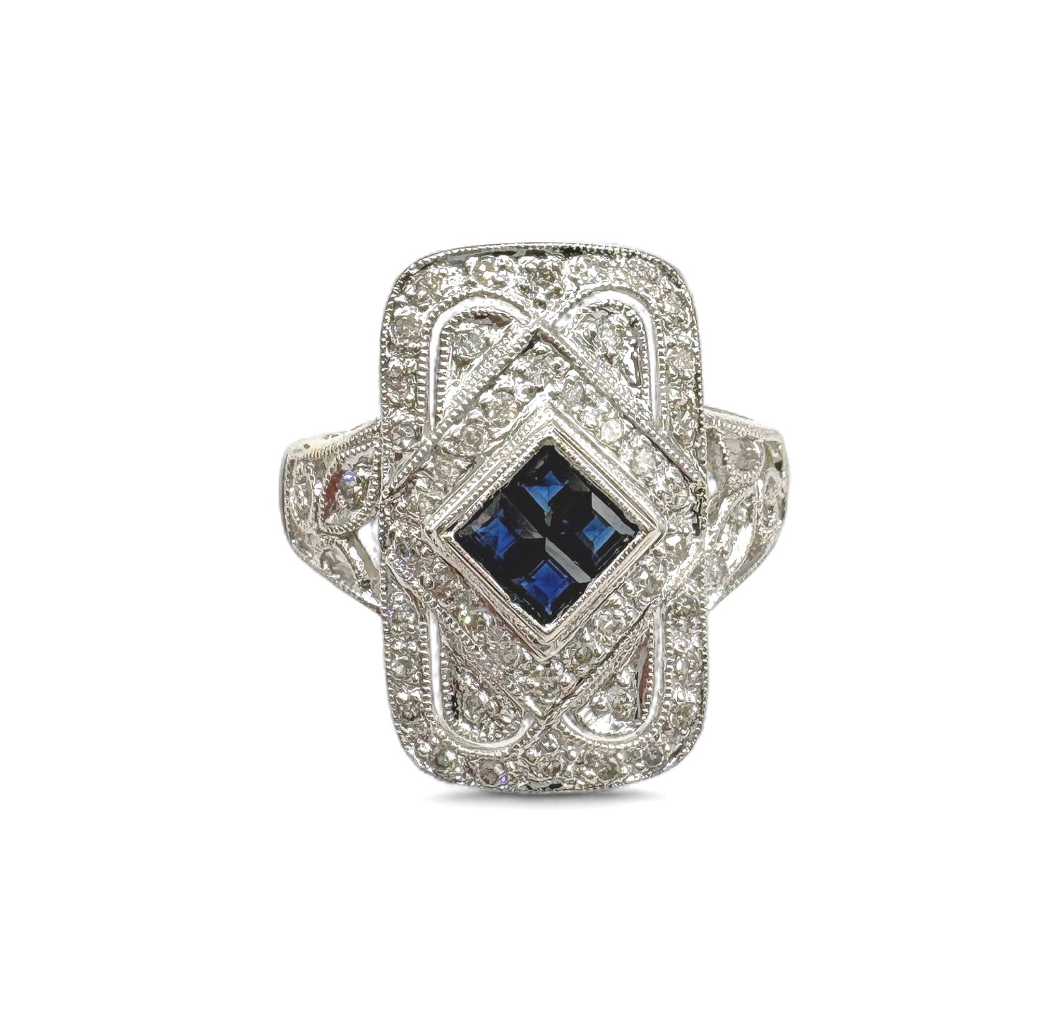 14KW ART DECO DIAMOND &amp; SAPPHIRE RING SIZE 8.25