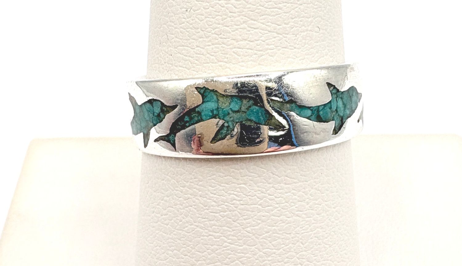 STERLING TURQUOISE DOLPHIN BAND RING SIZE 8.5