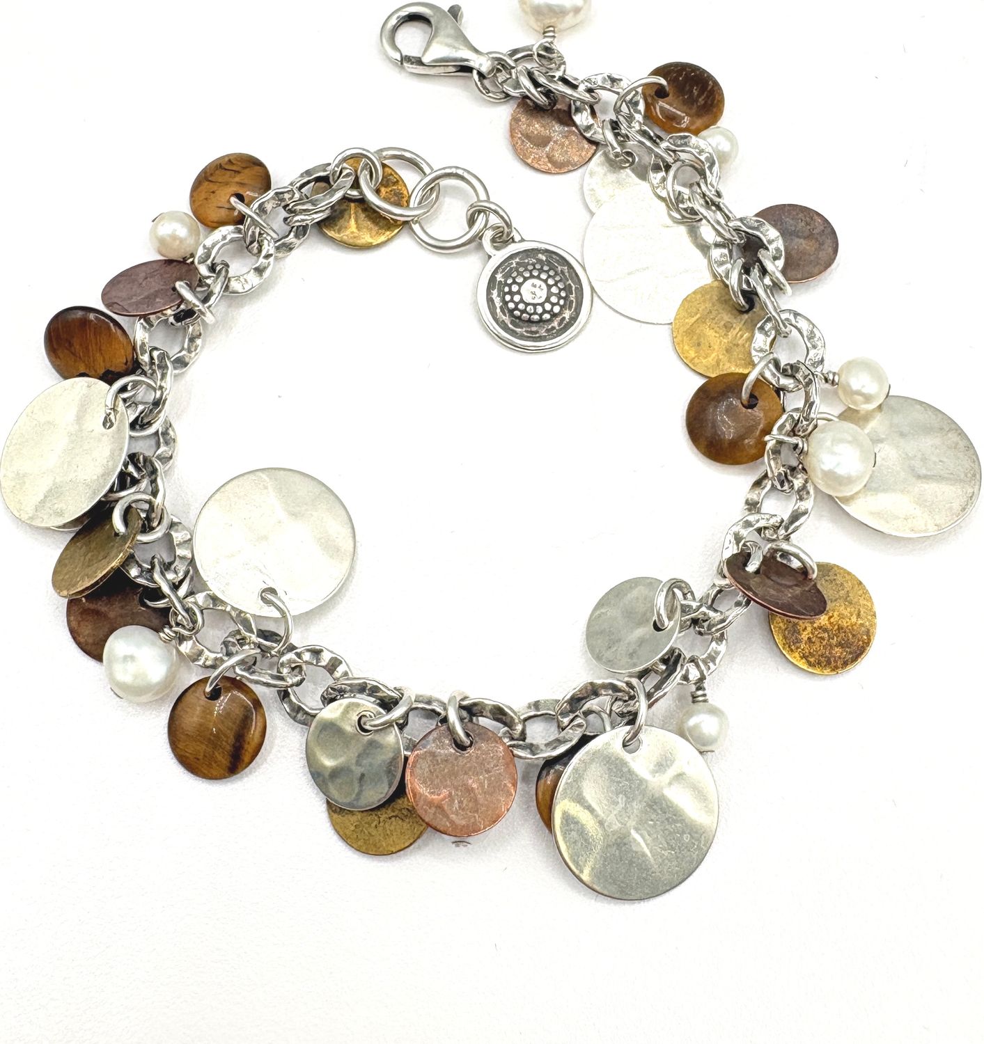 STERLING FRESHWATER PEARLS &amp; DISK BRACLET 9"